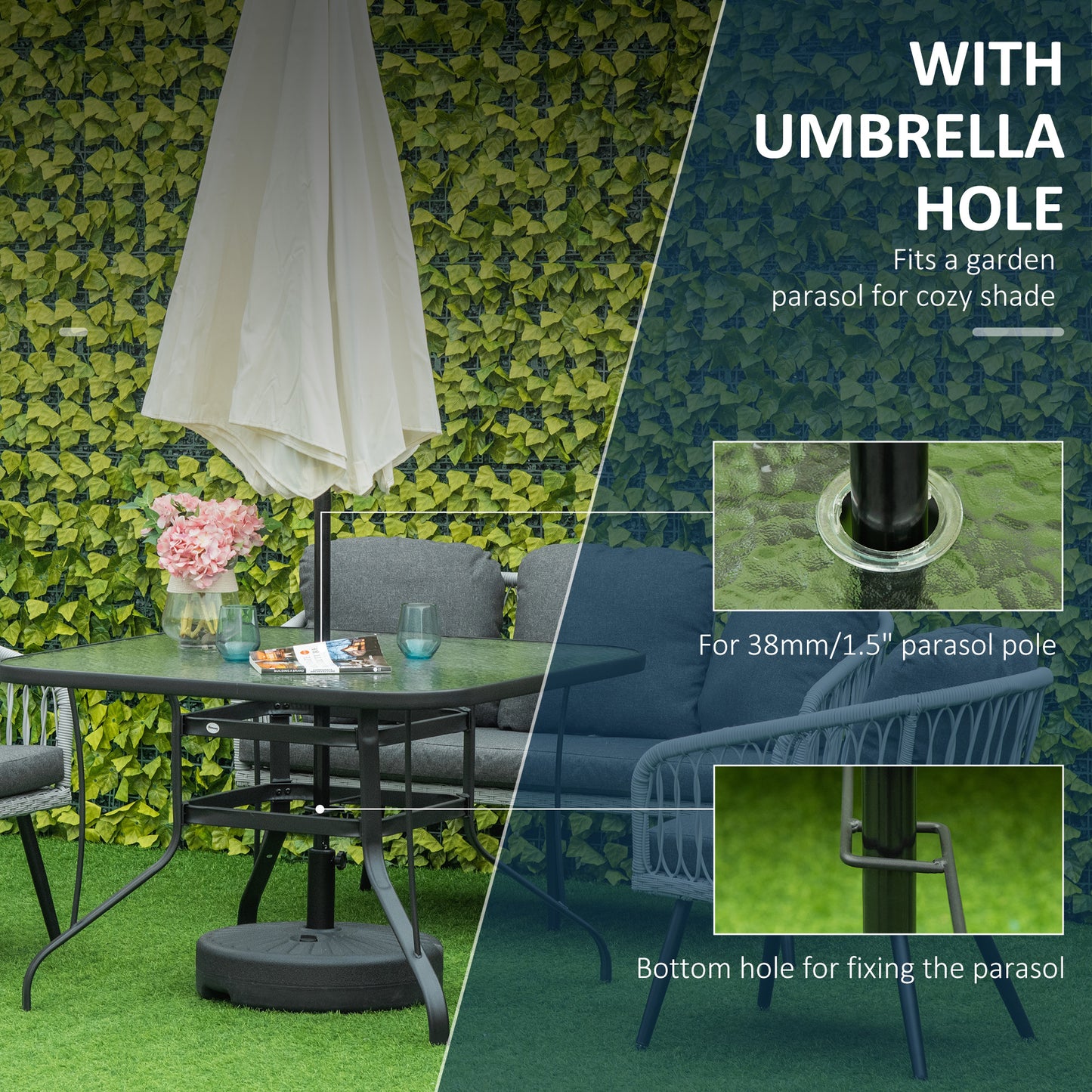 106.5cm Square Patio Dining Table with Parasol Hole, Glass Top