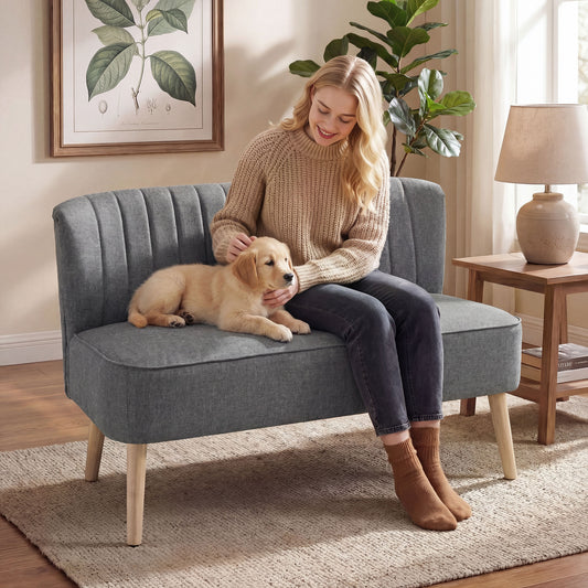 2-Seater Linen-Look Loveseat Sofa with Sprung Seat and Wooden Legs - Grey