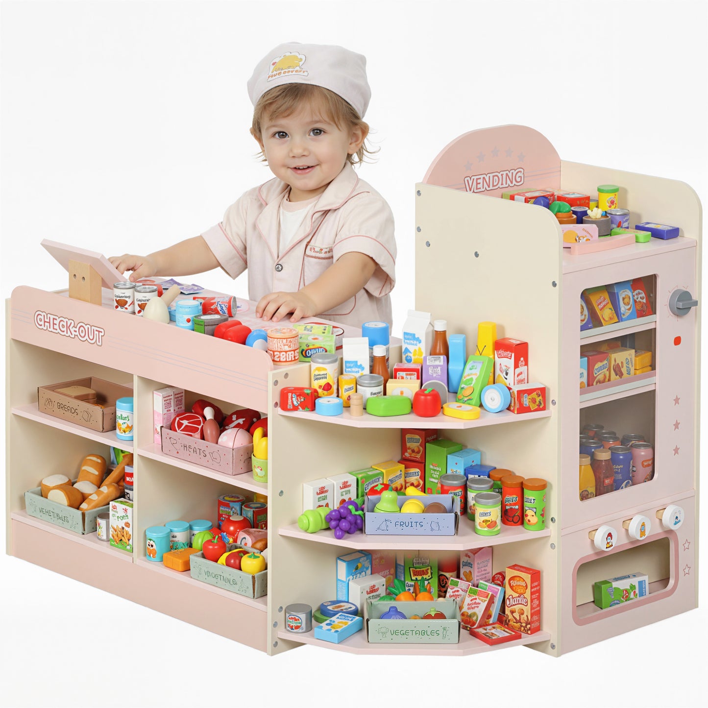 Kids Grocery Store, Pretend Play Shop with Cash Register, Pink