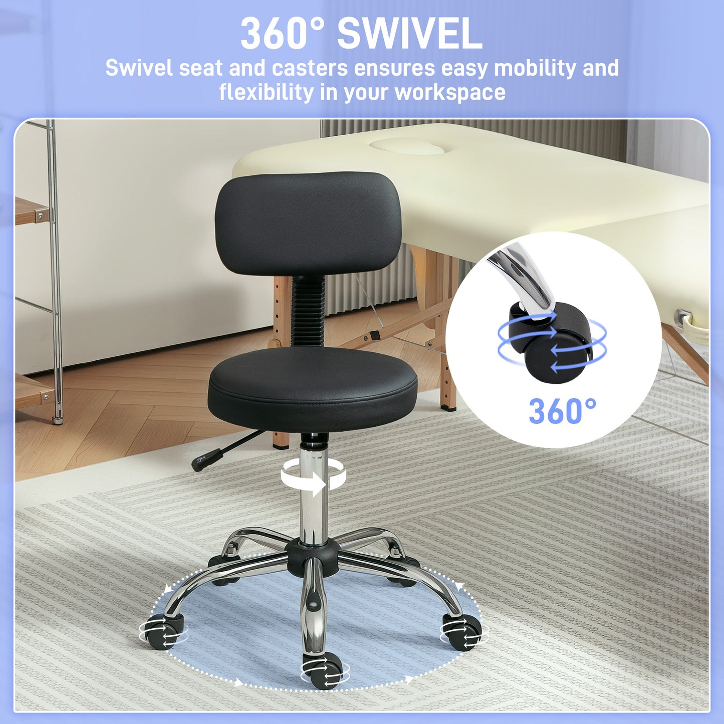 Rolling Stool with Backrest, Wheels, Faux Leather Salon Chair, Black
