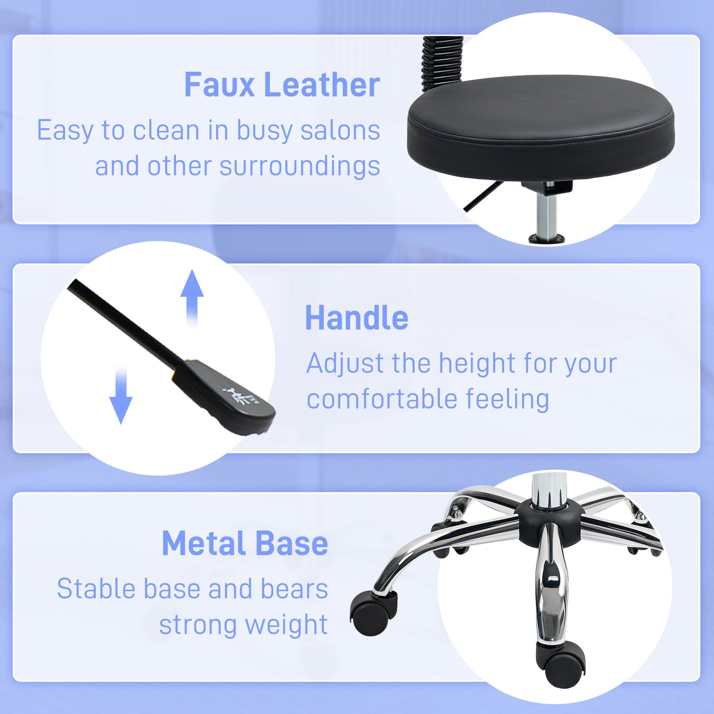 Rolling Stool with Backrest, Wheels, Faux Leather Salon Chair, Black