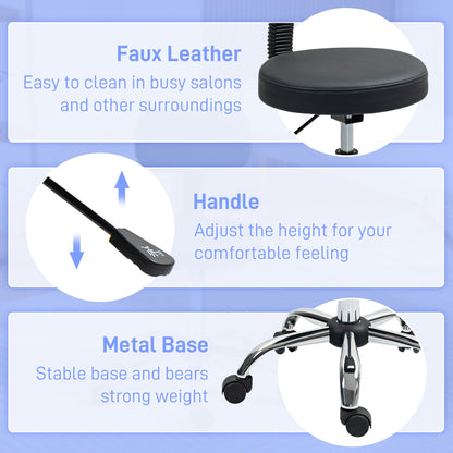 Rolling Stool with Backrest, Wheels, Faux Leather Salon Chair, Black