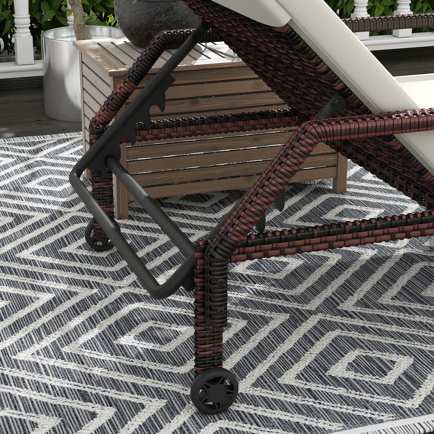 Outdoor Sun Lounger, Rattan Wicker Chaise Lounger with 5-Level Adjustable Backrest and 2 Wheels