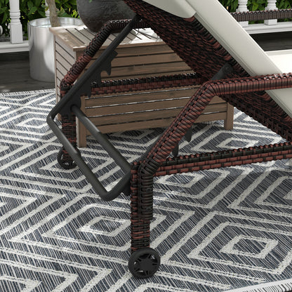 Outdoor Sun Lounger, Rattan Wicker Chaise Lounger with 5-Level Adjustable Backrest and 2 Wheels