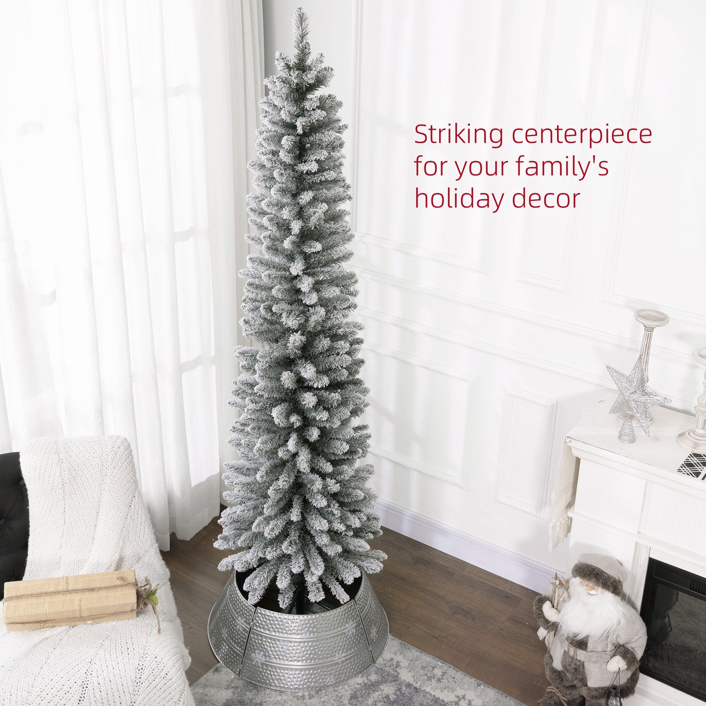 7 Foot Artificial Pencil Christmas Tree with Snow Flocked Tips, White