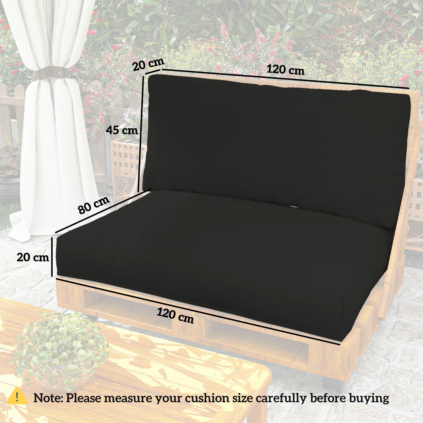 2 Seat Pallet Cushions 20cm Thick Outdoor Seat Pads, Black