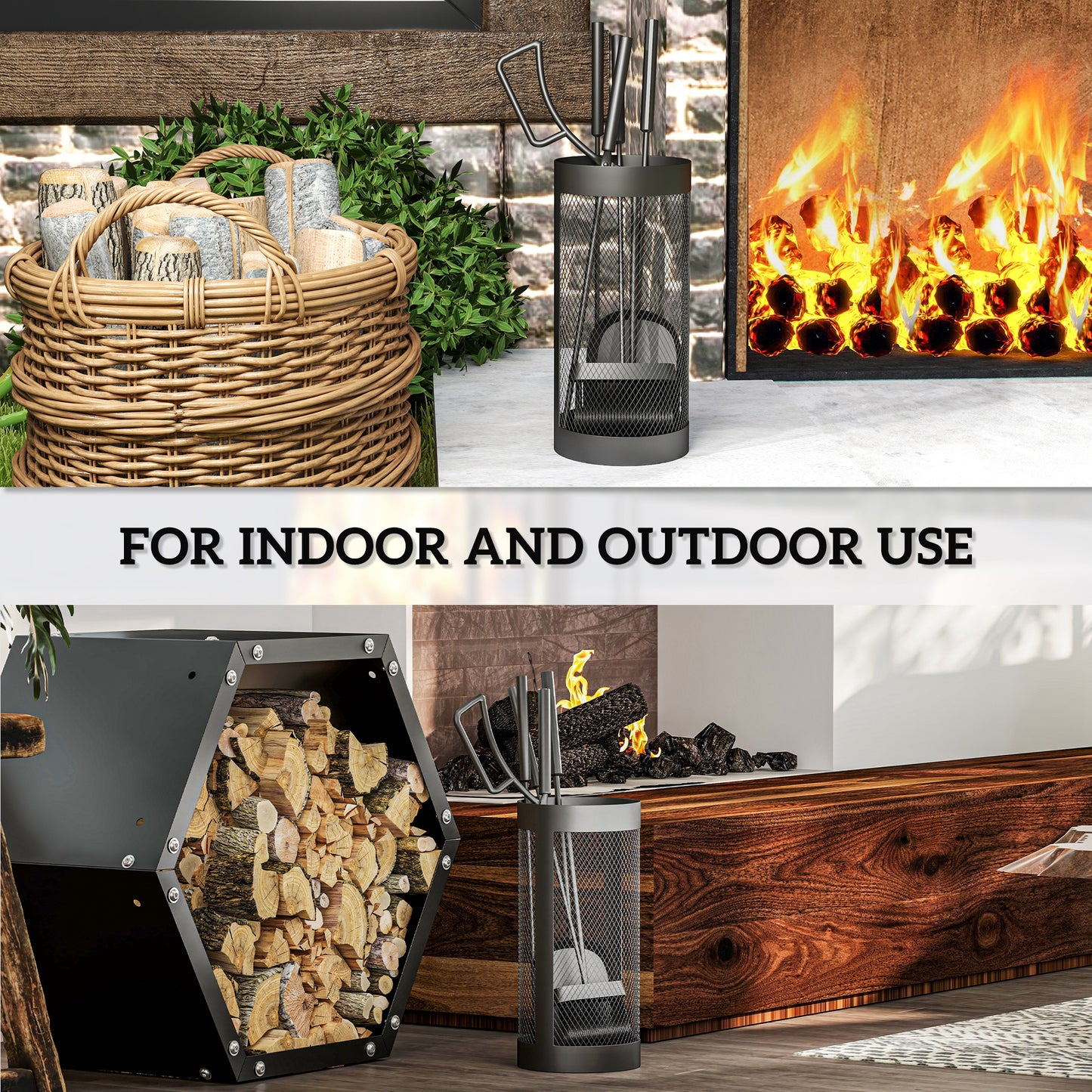 5-Piece Fireplace Companion Set, Metal Fireplace Tools Set with Brush, Shovel, Poker, Tongs and Bucket, Fireside Companion for Indoor or Outdoor Fireplaces, Chimineas, Fire Pits