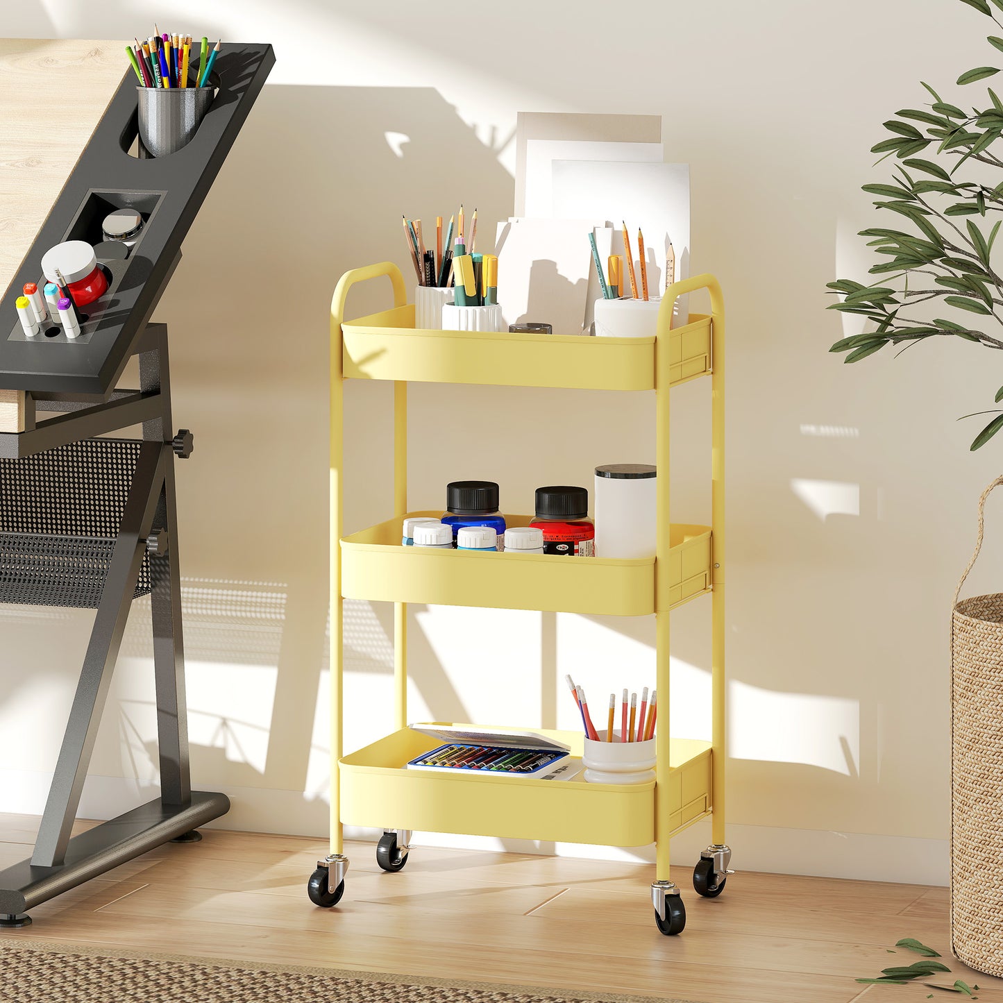 3 Tier Rolling Utility Cart with 3 Mesh Basket, Yellow