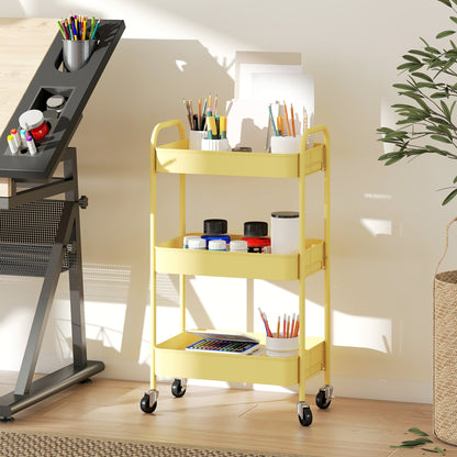 3 Tier Rolling Utility Cart with 3 Mesh Basket, Yellow