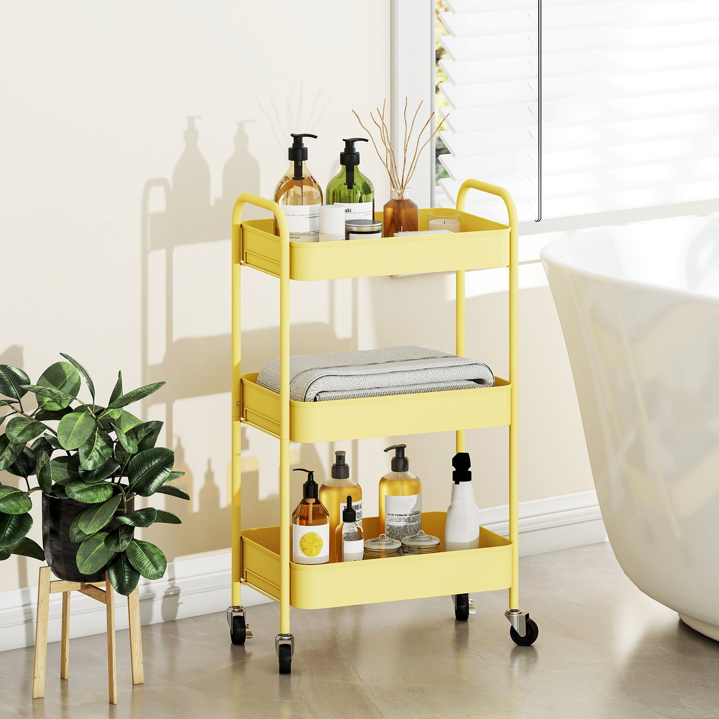 3 Tier Rolling Utility Cart with 3 Mesh Basket, Yellow