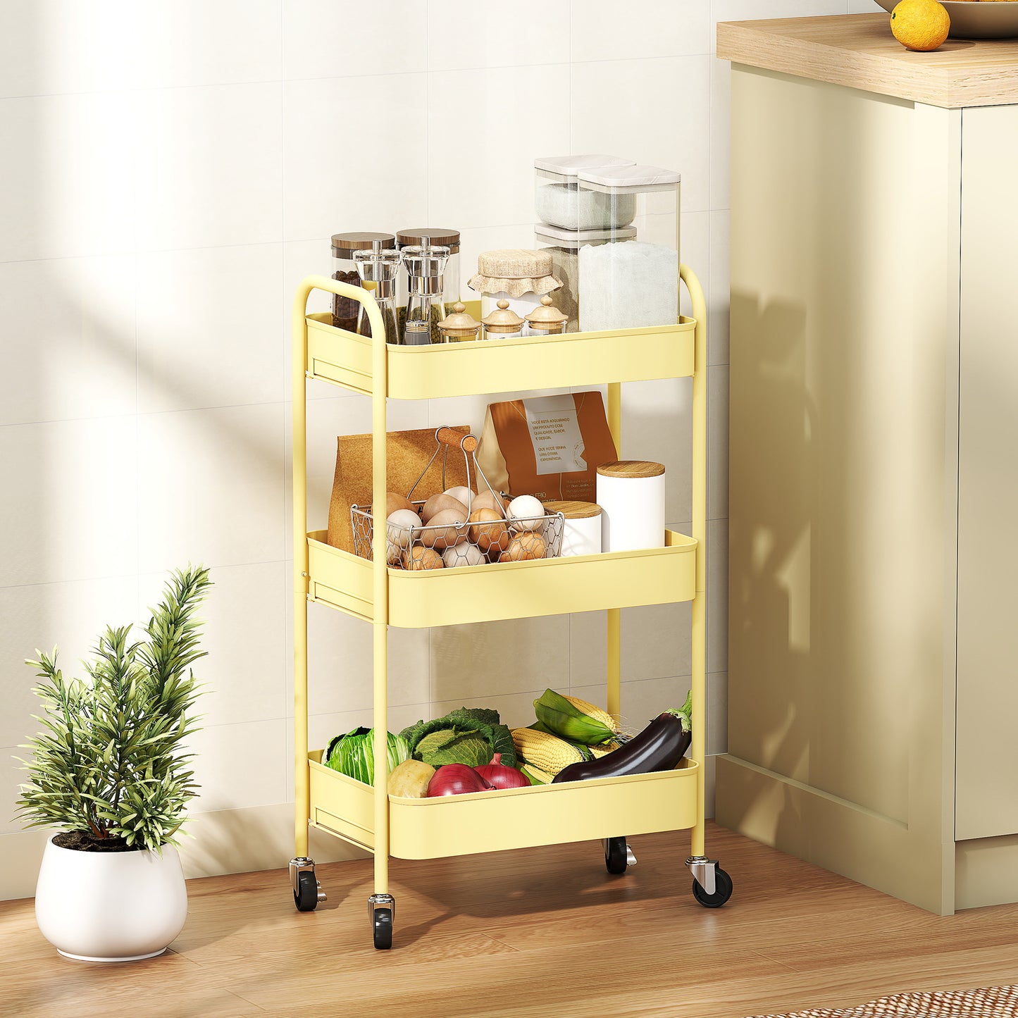 3 Tier Rolling Utility Cart with 3 Mesh Basket, Yellow