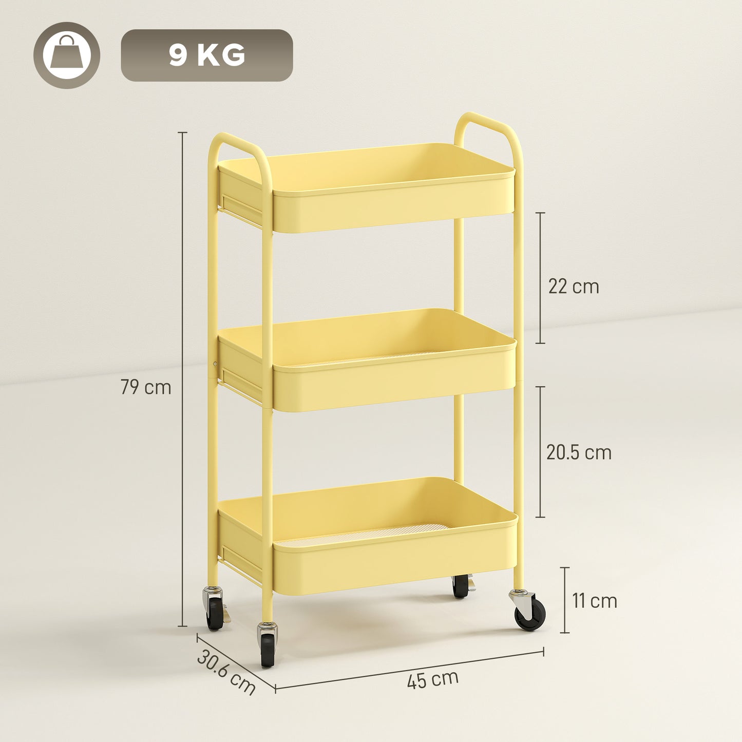 3 Tier Rolling Utility Cart with 3 Mesh Basket, Yellow