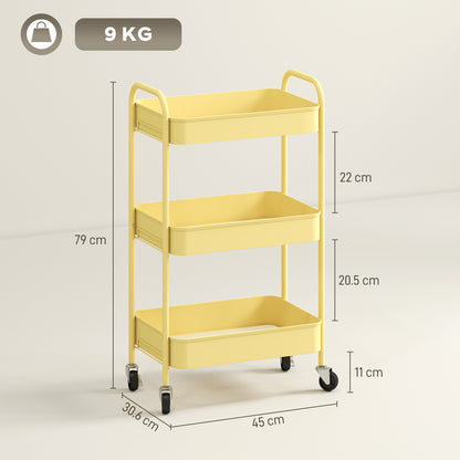3 Tier Rolling Utility Cart with 3 Mesh Basket, Yellow