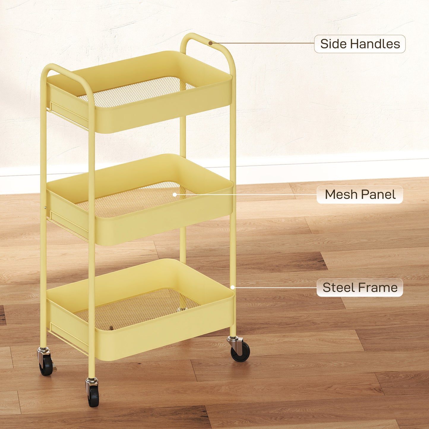 3 Tier Rolling Utility Cart with 3 Mesh Basket, Yellow