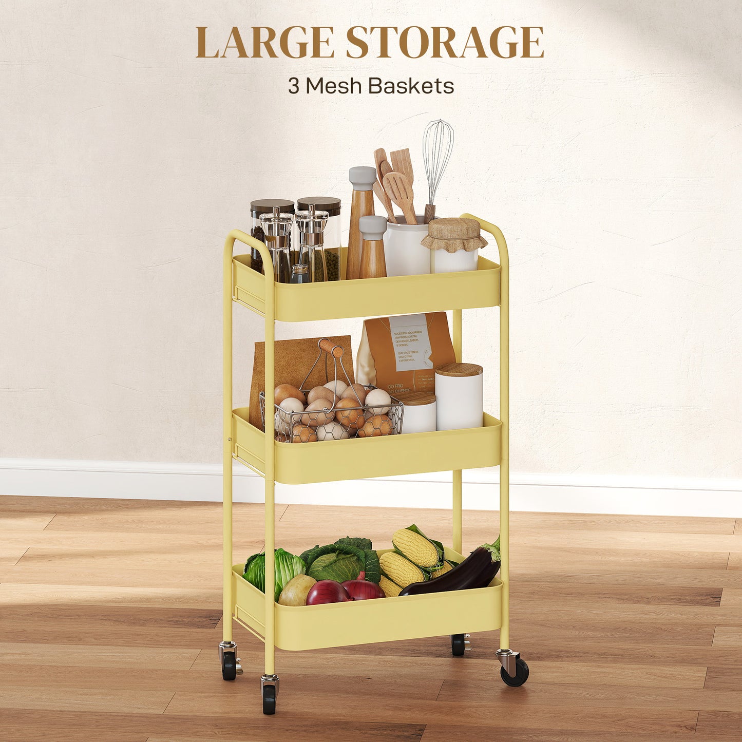 3 Tier Rolling Utility Cart with 3 Mesh Basket, Yellow