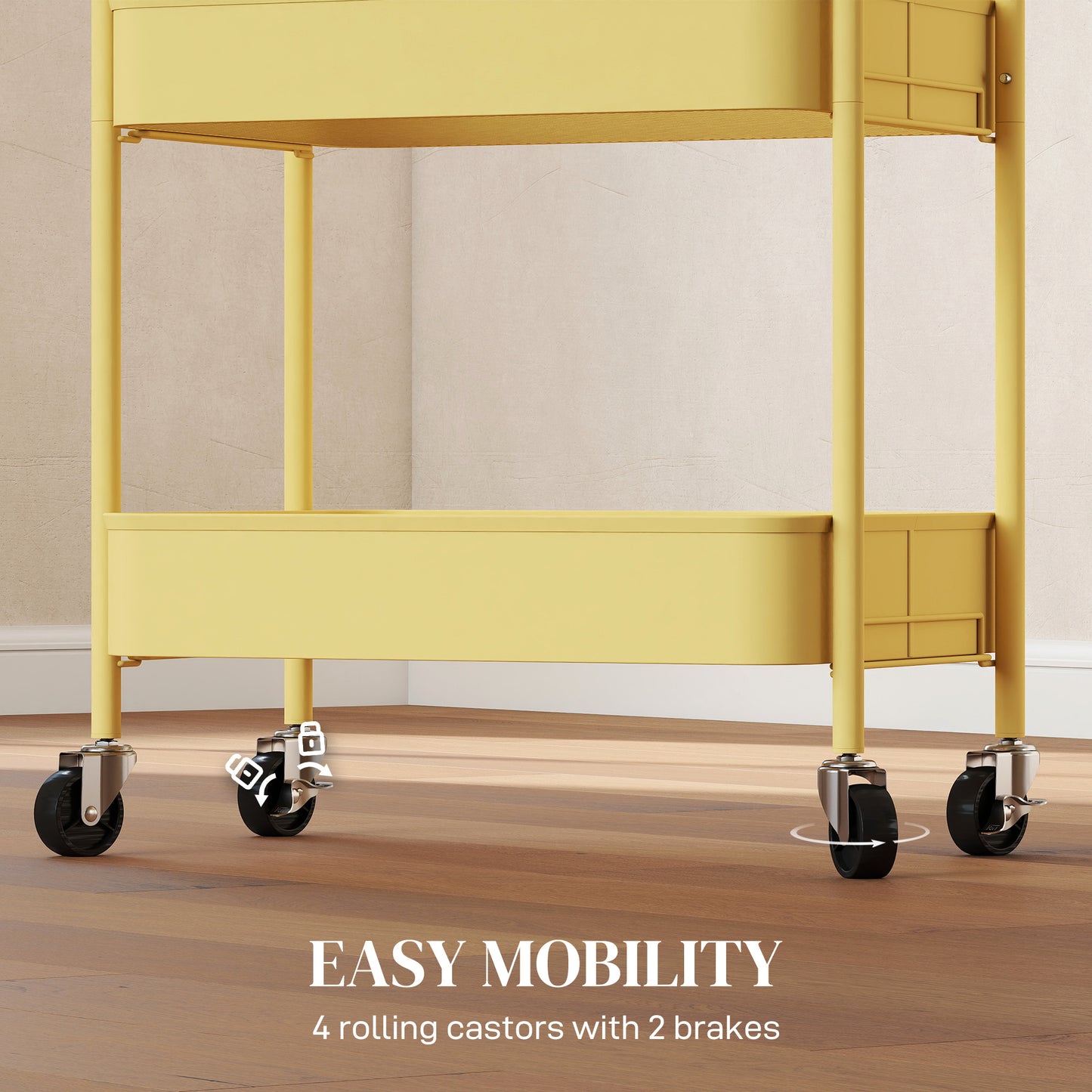 3 Tier Rolling Utility Cart with 3 Mesh Basket, Yellow