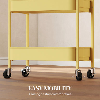 3 Tier Rolling Utility Cart with 3 Mesh Basket, Yellow