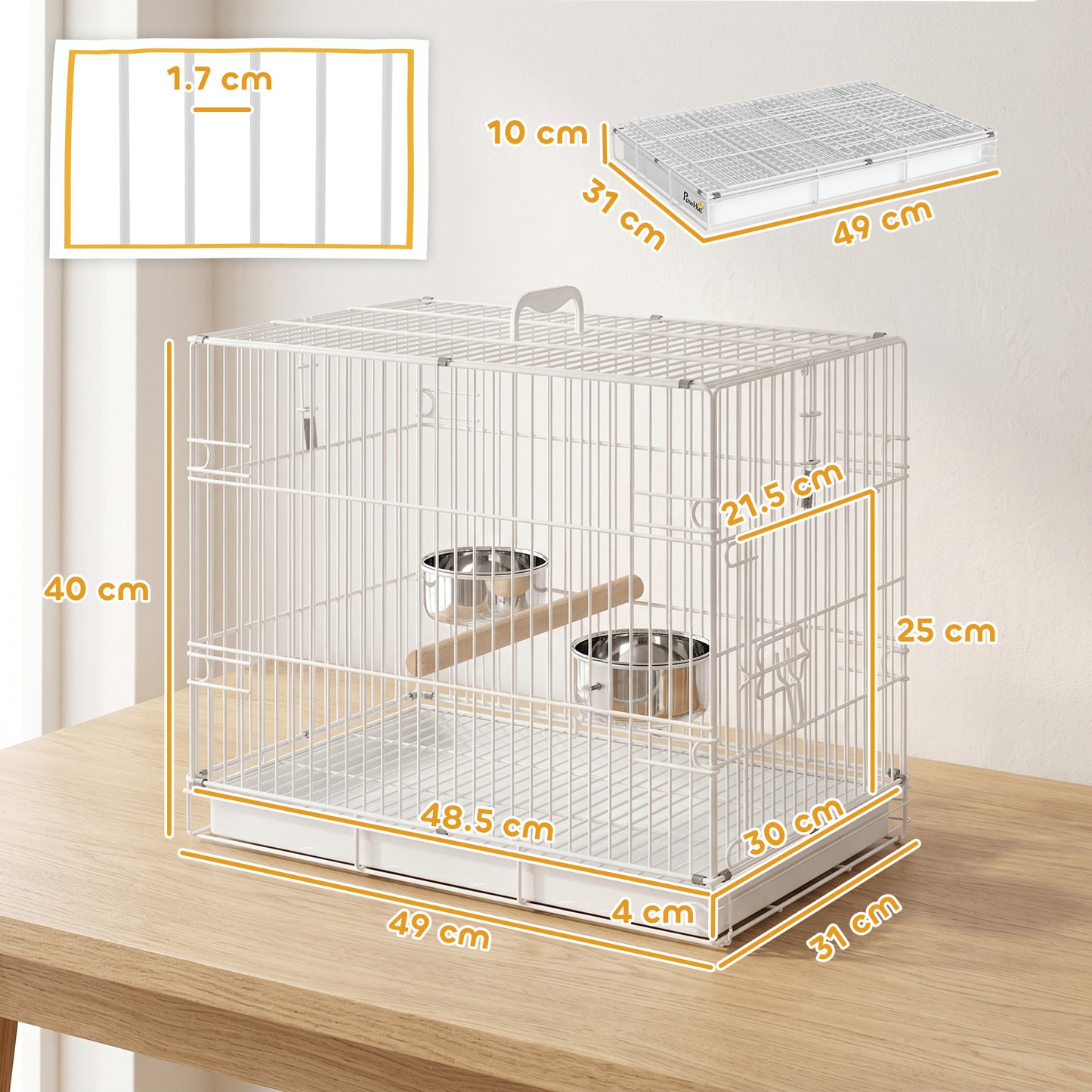 Foldable Bird Cages, Metal Parrot Cage with Wooden Perch, 2 Bowls and Top Handle for Cockatiels, Parakeets, Finches, 49 x 31 x 40 cm, White