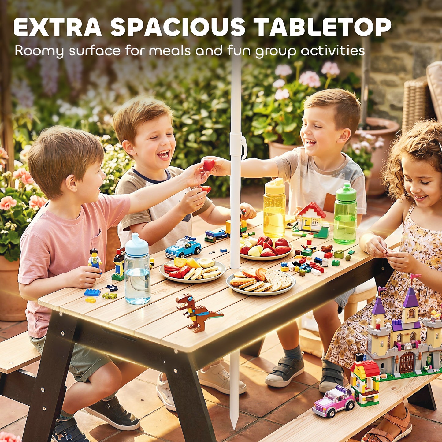 Picnic Table for Kids with Sunshade Parasol, 3 in 1 Wooden Sand and Water Table with 2 Hidden Play Boxes, Kids Garden Furniture for Patio, Garden, Ages 3-6, Natural Wood