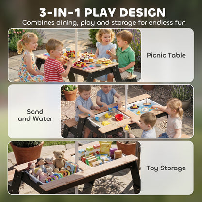 Picnic Table for Kids with Sunshade Parasol, 3 in 1 Wooden Sand and Water Table with 2 Hidden Play Boxes, Kids Garden Furniture for Patio, Garden, Ages 3-6, Natural Wood