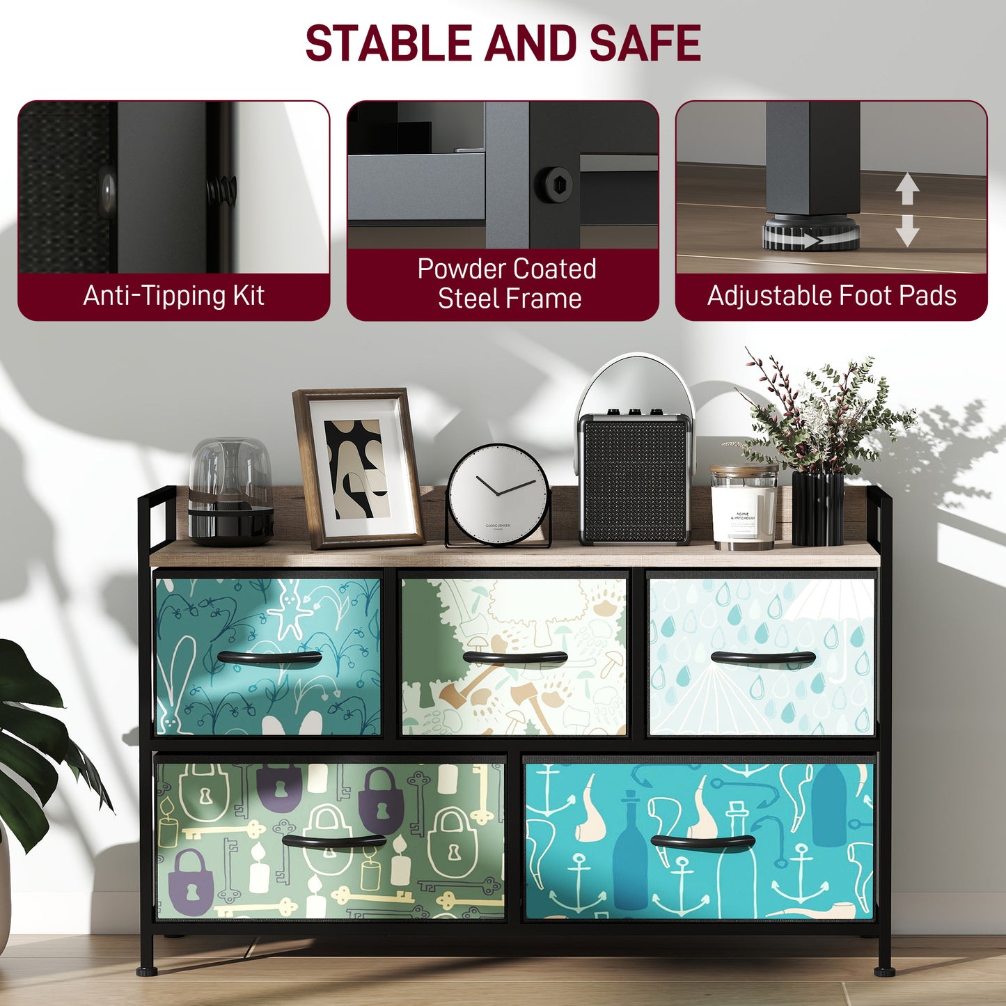 5-Drawer Chest of Drawers, Fabric Dresser with Open Shelf, Blue