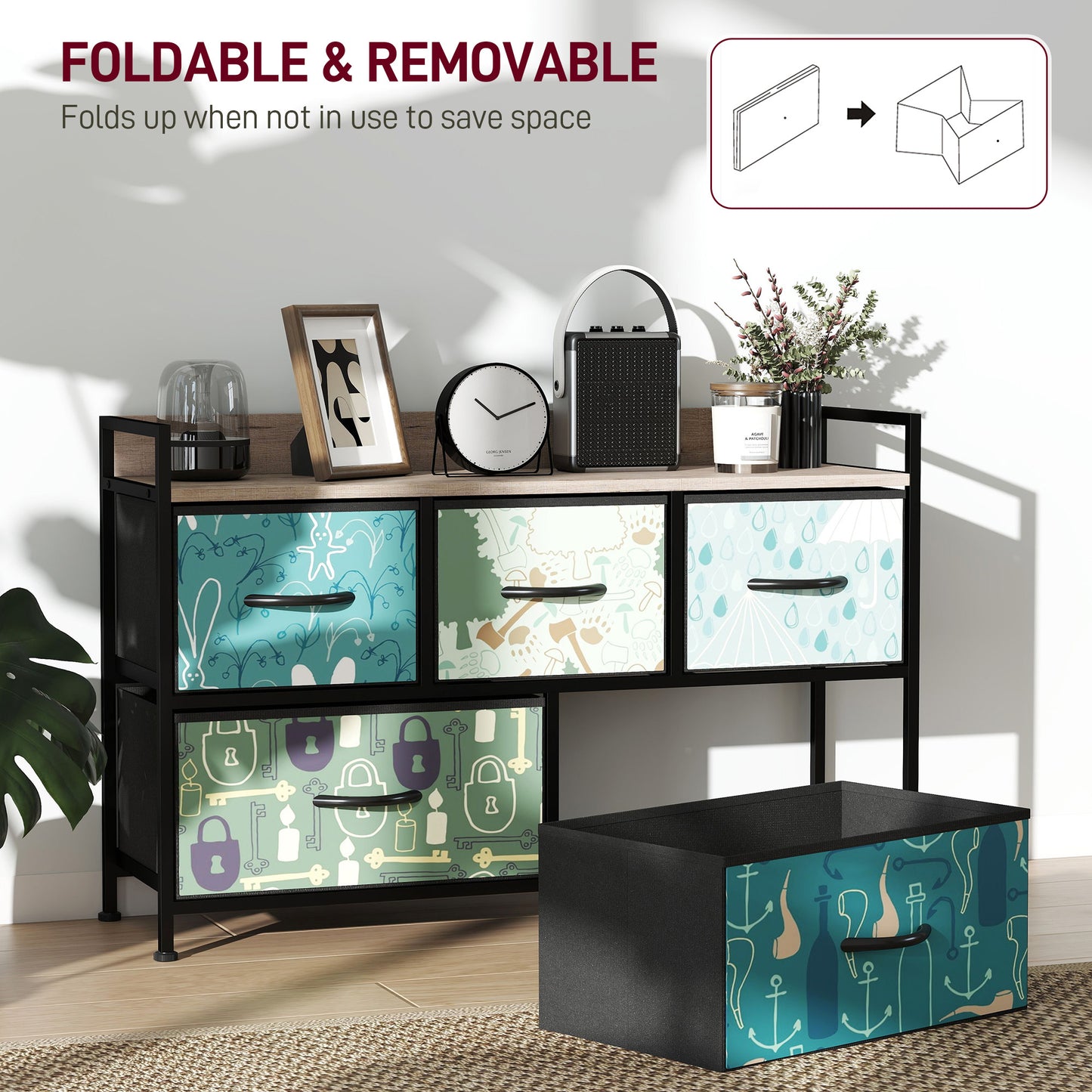 5-Drawer Chest of Drawers, Fabric Dresser with Open Shelf, Blue