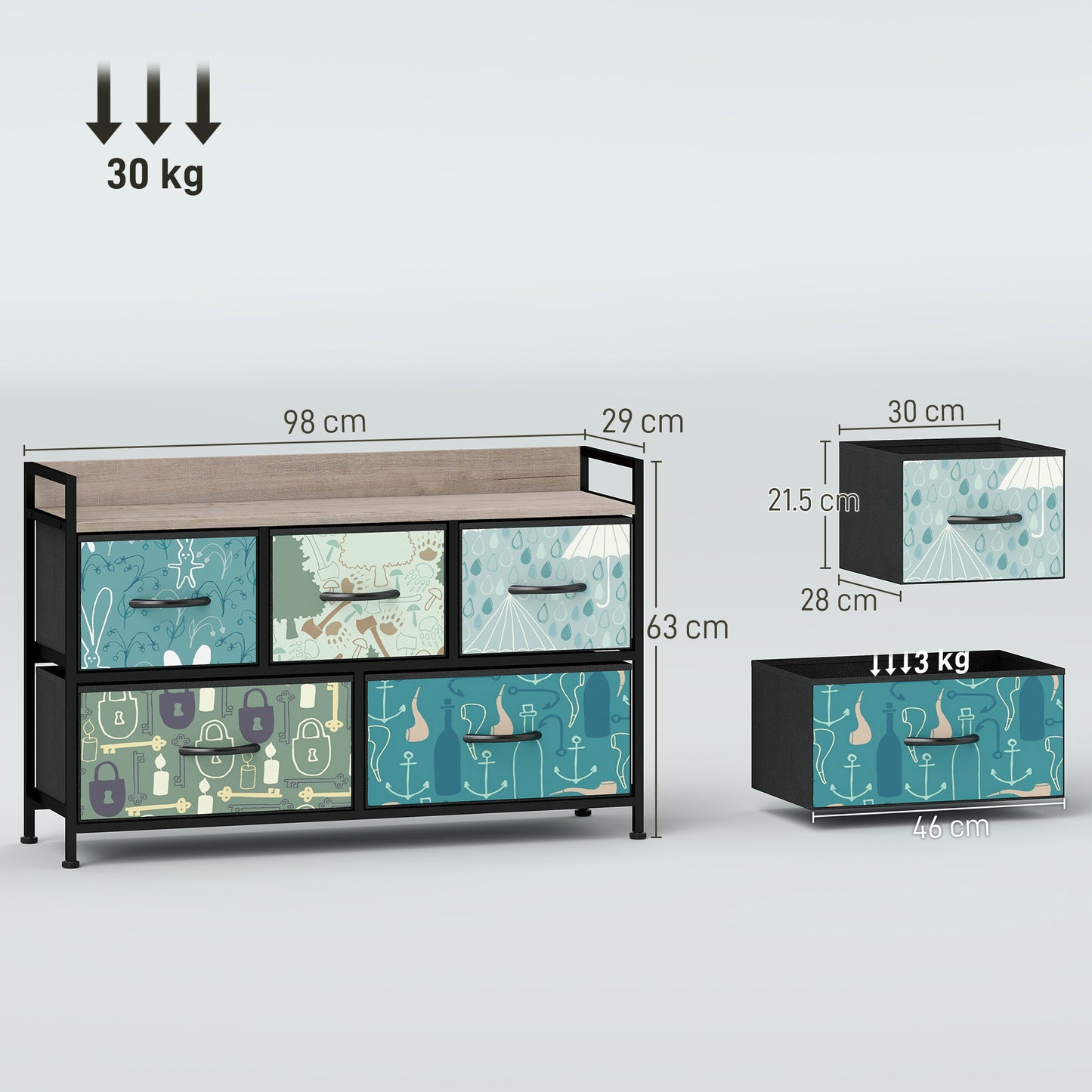 5-Drawer Chest of Drawers, Fabric Dresser with Open Shelf, Blue