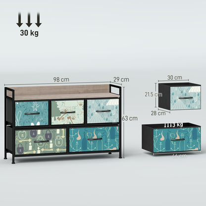 5-Drawer Chest of Drawers, Fabric Dresser with Open Shelf, Blue