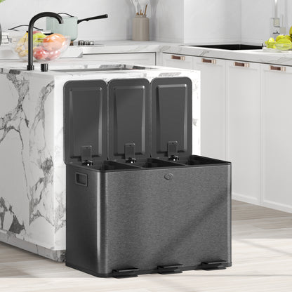 3 x 20L Triple Kitchen Bin Pedal Bin for Recycling and Waste, Black