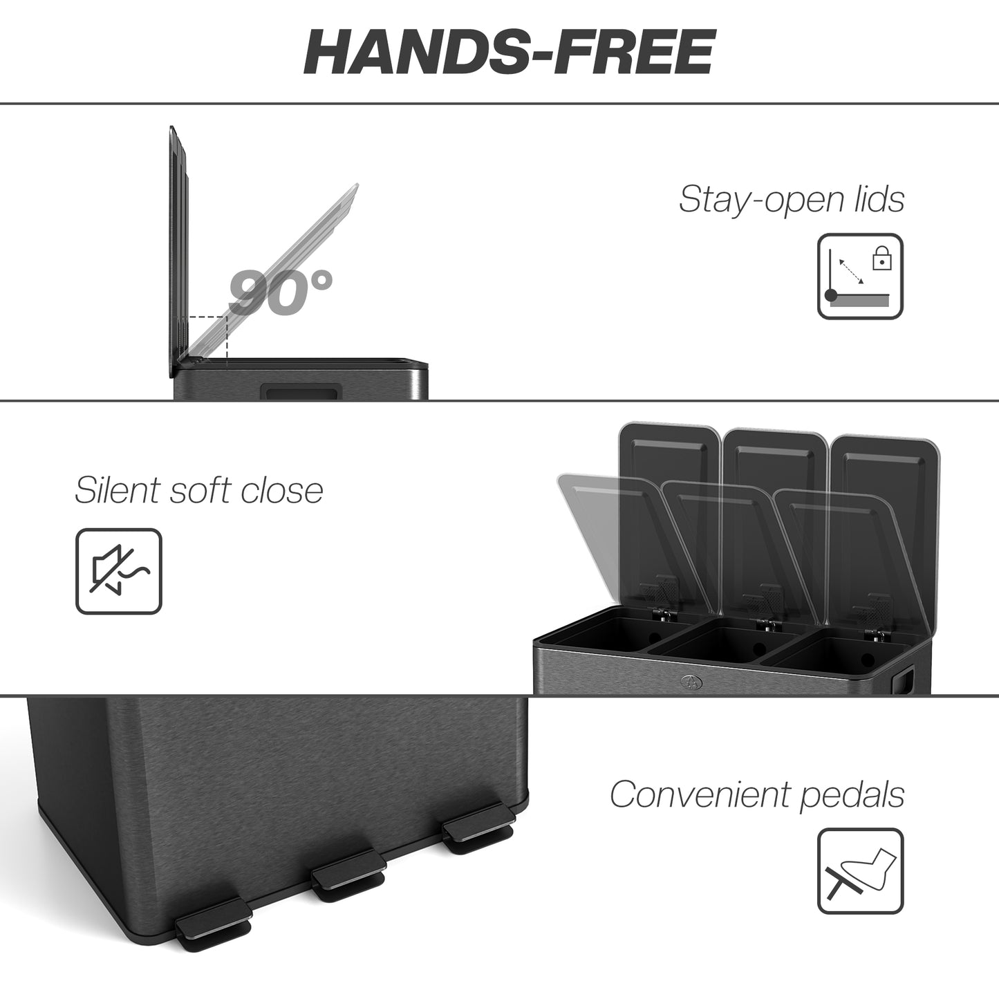 3 x 20L Triple Kitchen Bin Pedal Bin for Recycling and Waste, Black