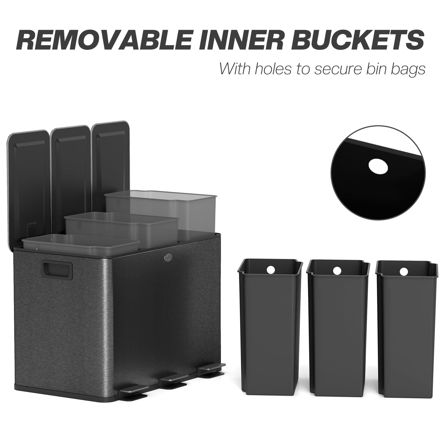 3 x 20L Triple Kitchen Bin Pedal Bin for Recycling and Waste, Black