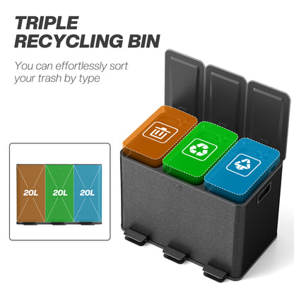 3 x 20L Triple Kitchen Bin Pedal Bin for Recycling and Waste, Black
