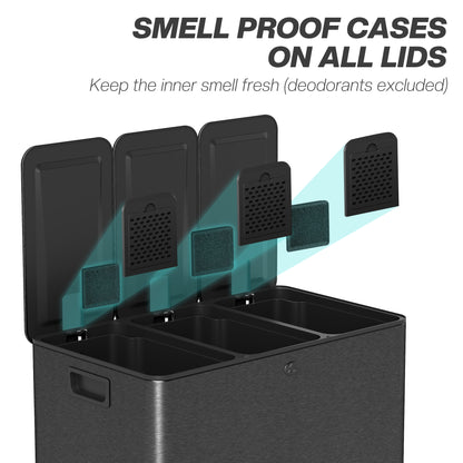 3 x 20L Triple Kitchen Bin Pedal Bin for Recycling and Waste, Black