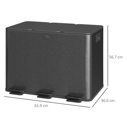 3 x 20L Triple Kitchen Bin Pedal Bin for Recycling and Waste, Black