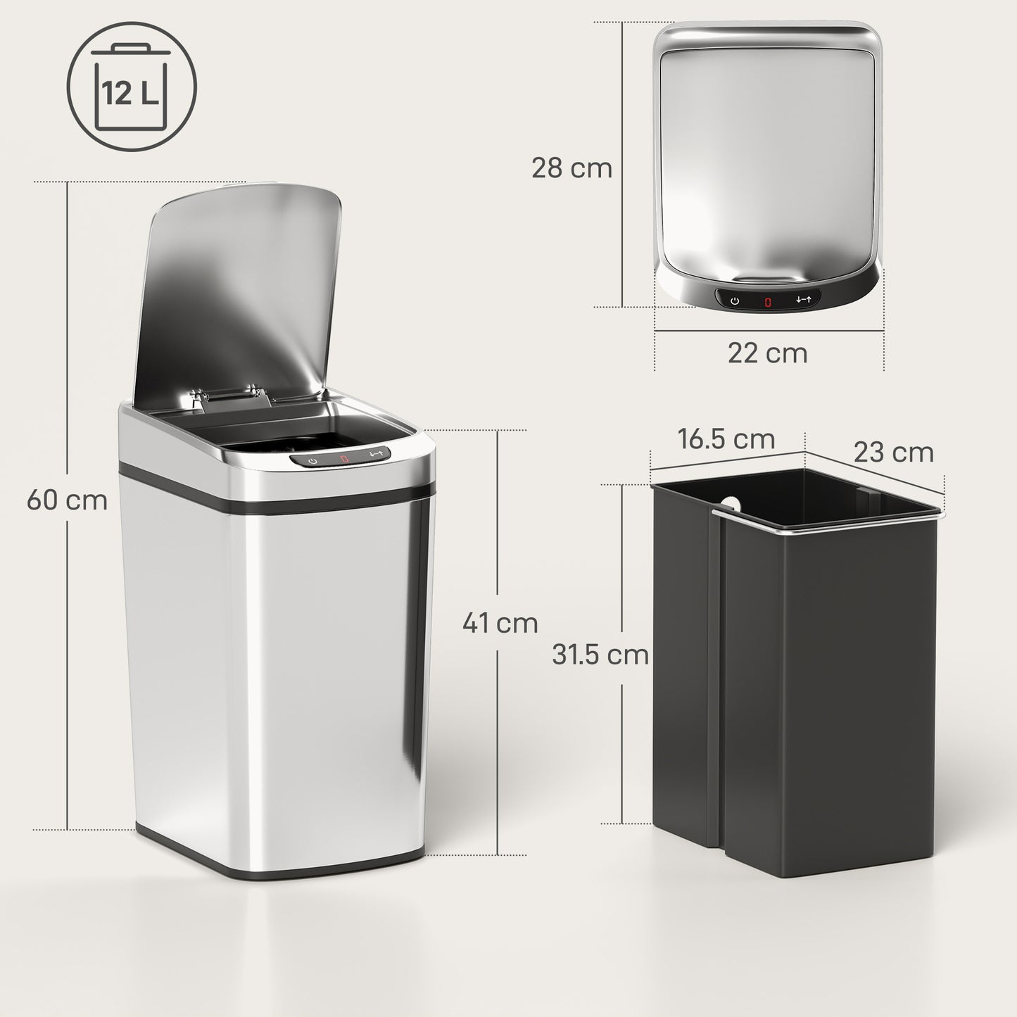 12L Sensor Bin, Automatic Touchless Motion Sensor Kitchen Bin, Silver