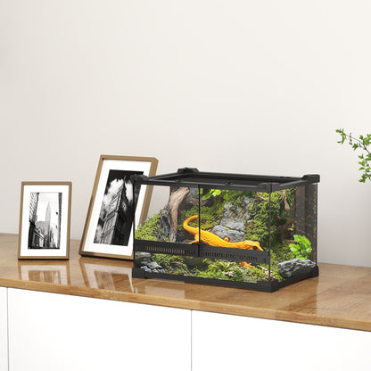 10L Glass Terrarium, Reptile Vivarium with Stone Background, Black