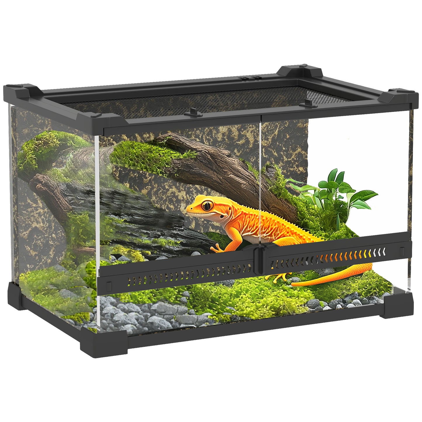 10L Glass Terrarium, Reptile Vivarium with Stone Background, Black