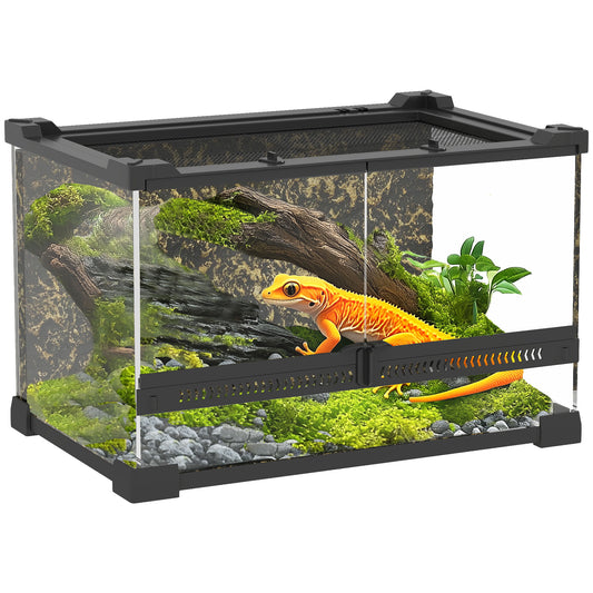 10L Glass Terrarium, Reptile Vivarium with Stone Background, Black