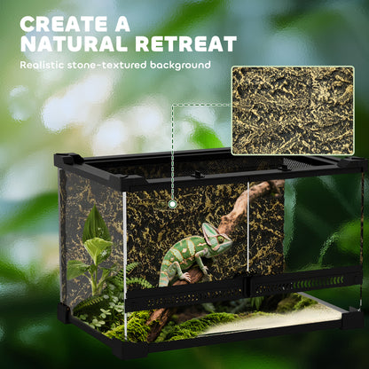 10L Glass Terrarium, Reptile Vivarium with Stone Background, Black