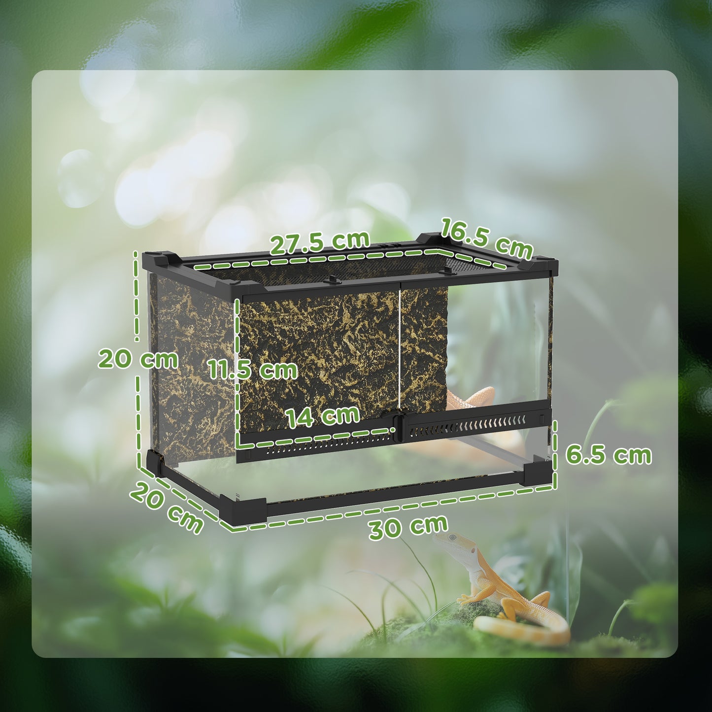 10L Glass Terrarium, Reptile Vivarium with Stone Background, Black