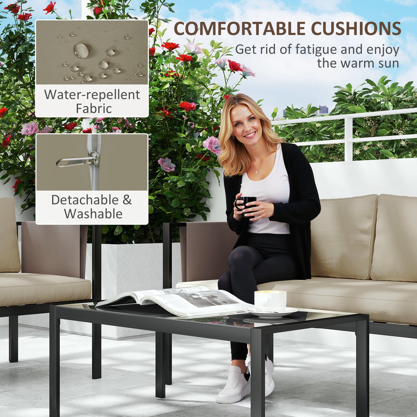 4 Piece Garden Sofa Set w/ Tempered Glass Coffee Table Khaki