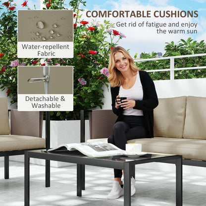 4 Piece Garden Sofa Set w/ Tempered Glass Coffee Table Khaki
