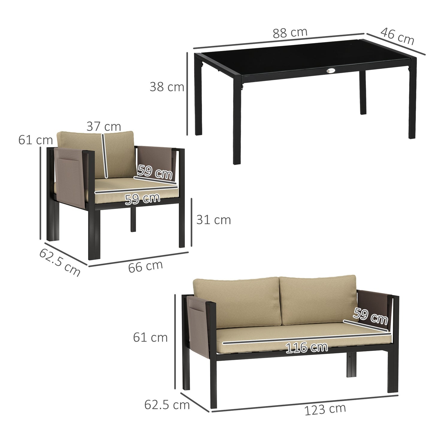 4 Piece Garden Sofa Set w/ Tempered Glass Coffee Table Khaki