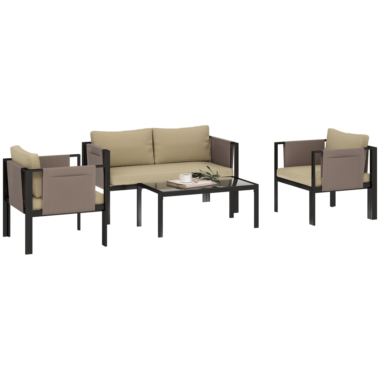 4 Piece Garden Sofa Set w/ Tempered Glass Coffee Table Khaki