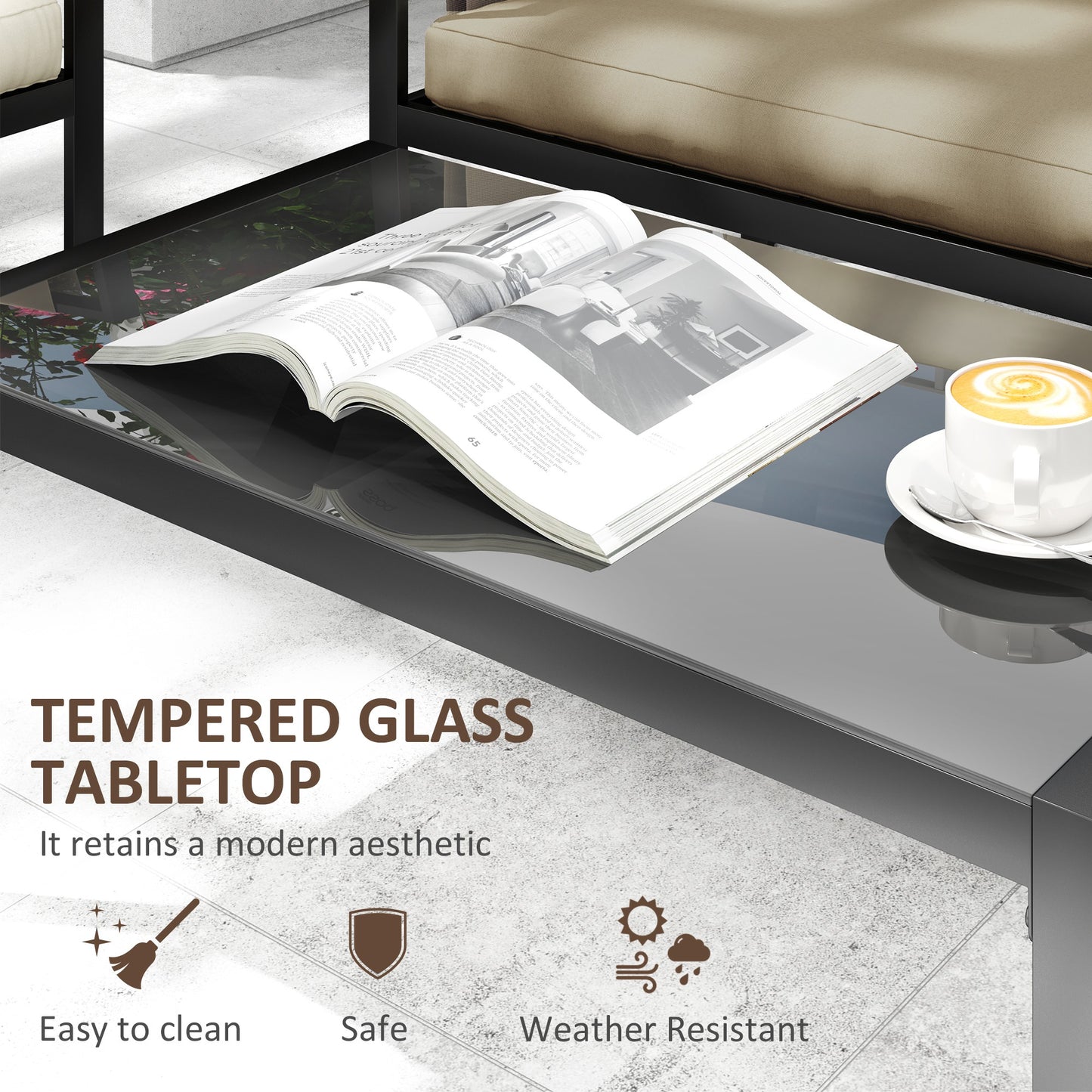 4 Piece Garden Sofa Set w/ Tempered Glass Coffee Table Khaki