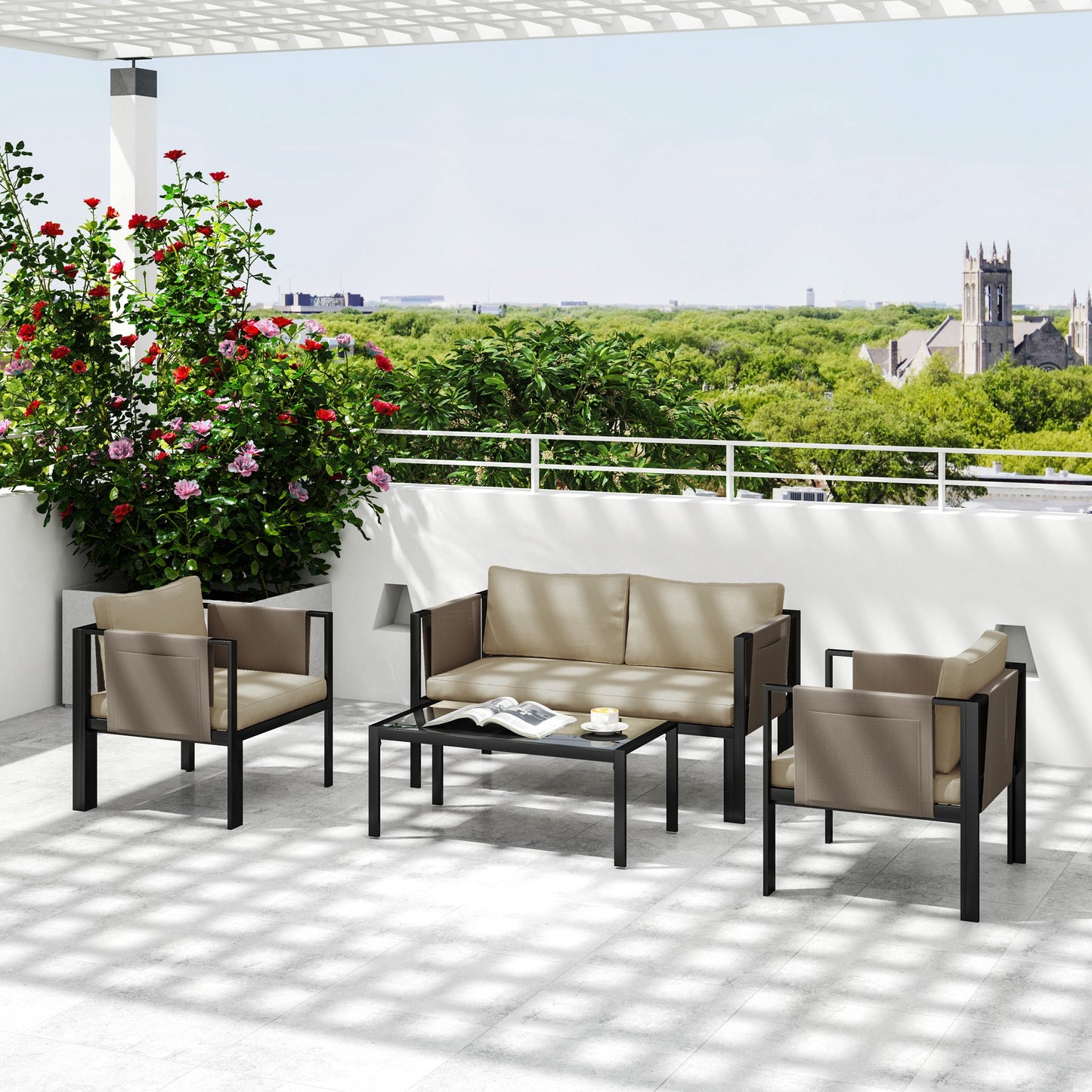 4 Piece Garden Sofa Set w/ Tempered Glass Coffee Table Khaki