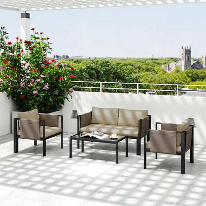 4 Piece Garden Sofa Set w/ Tempered Glass Coffee Table Khaki
