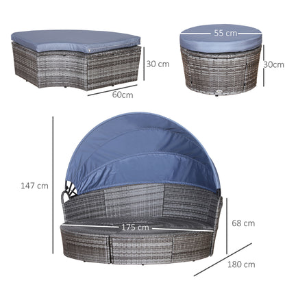 5-Seater Rattan Garden Furniture Cushioned Wicker Round  Bed with Coffee Table Patio Conversation Furniture Set, Grey with Blue Cushions