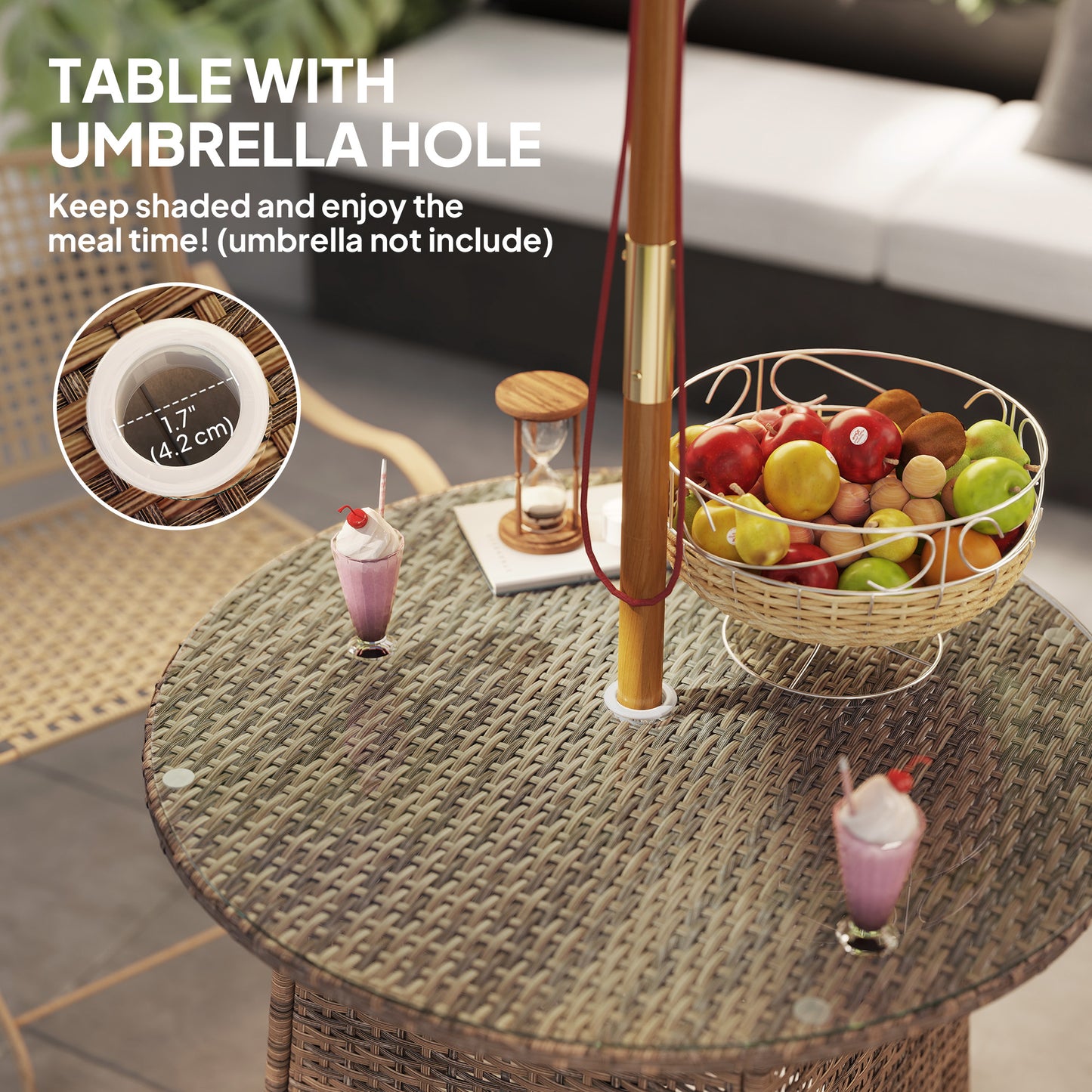 Patio Furniture Rattan Garden Table with Umbrella Hole, Brown