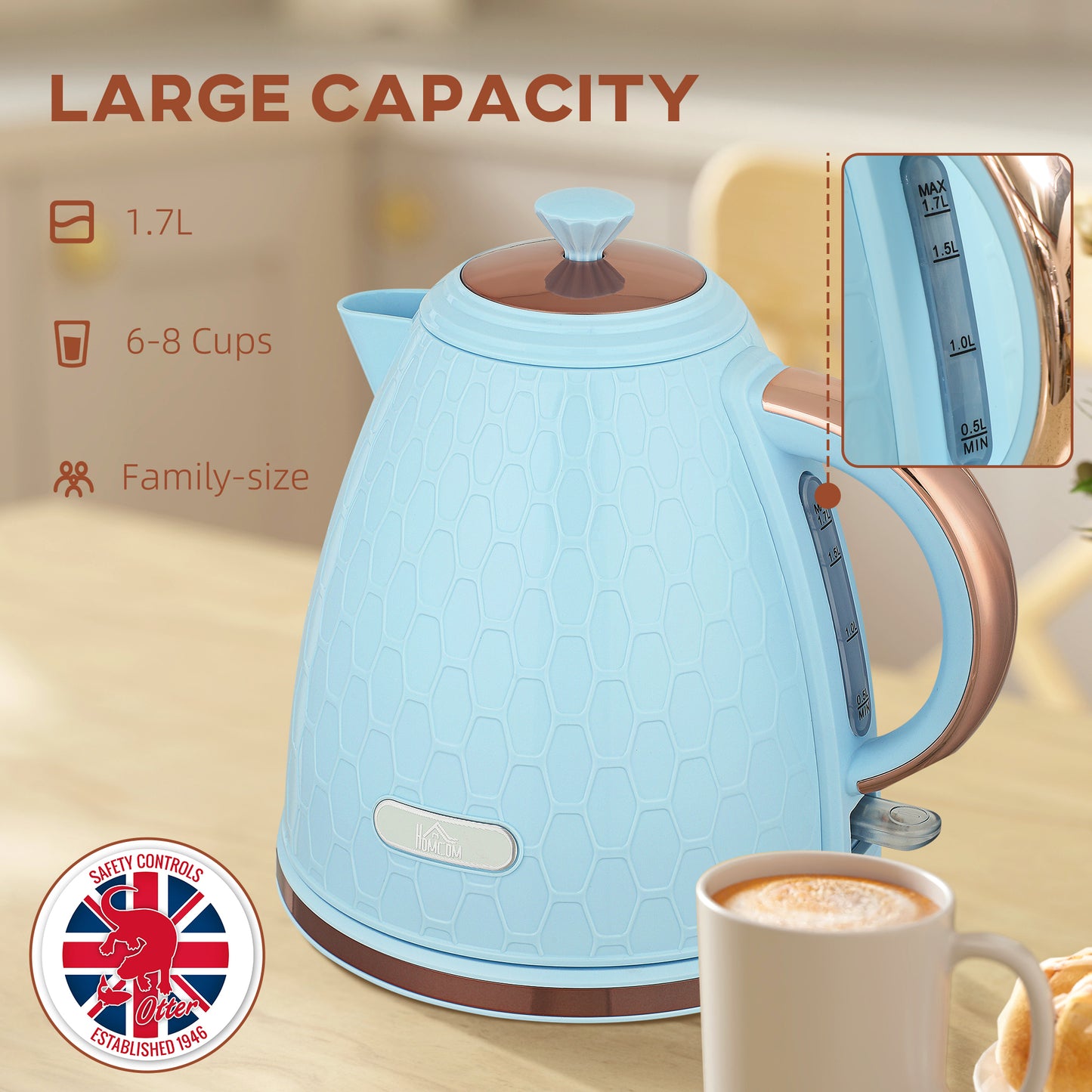 Electric Kettle, Fast Boil, 1.7L, 3kW, Auto Shut-off, Light Blue
